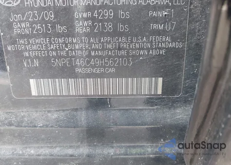 2009 Hyundai Sonata Gls z USA, uszkodzony, nr VIN 5NPET46C49H562103